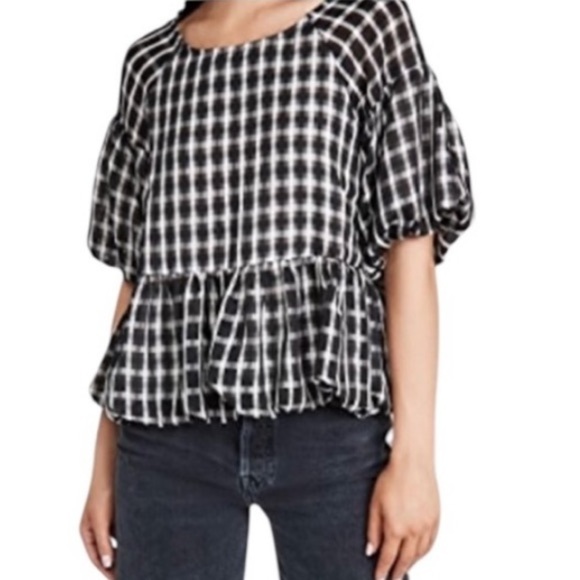 NWT Tuckernuck Moon River Puff Sleeve Checked Top Black Size M - Picture 1 of 13